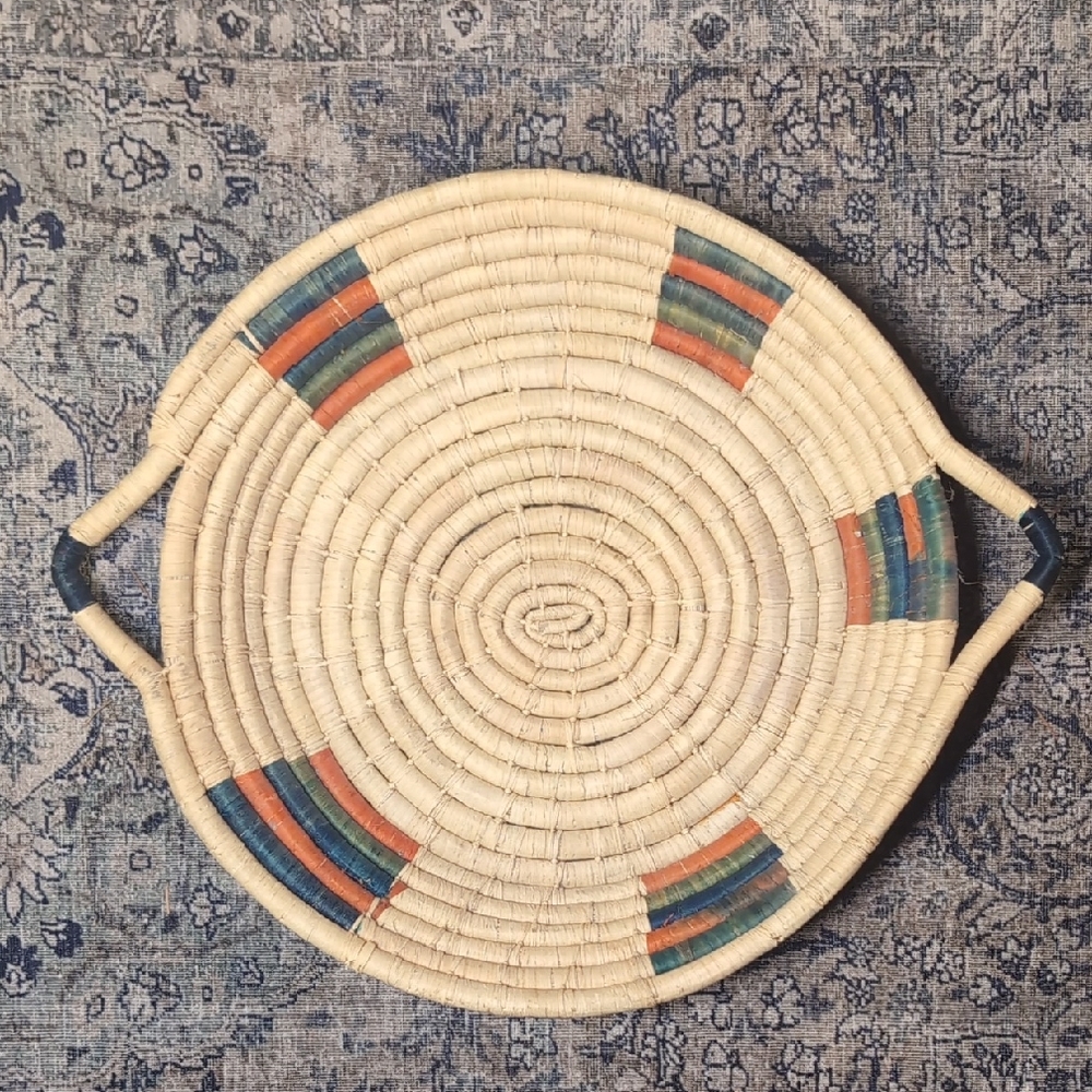Vintage Woven Basket with Blue and Orange Accents & Handles To Hand Or Hold